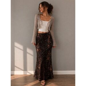 PrettyLittleThing Chocolate Floral Maxi Skirt Brown Mesh Burnout Velvet US 4 NEW